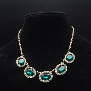 2028 Green Rhinestone Necklace Gold Tone Chain Glam Costume Jewelry